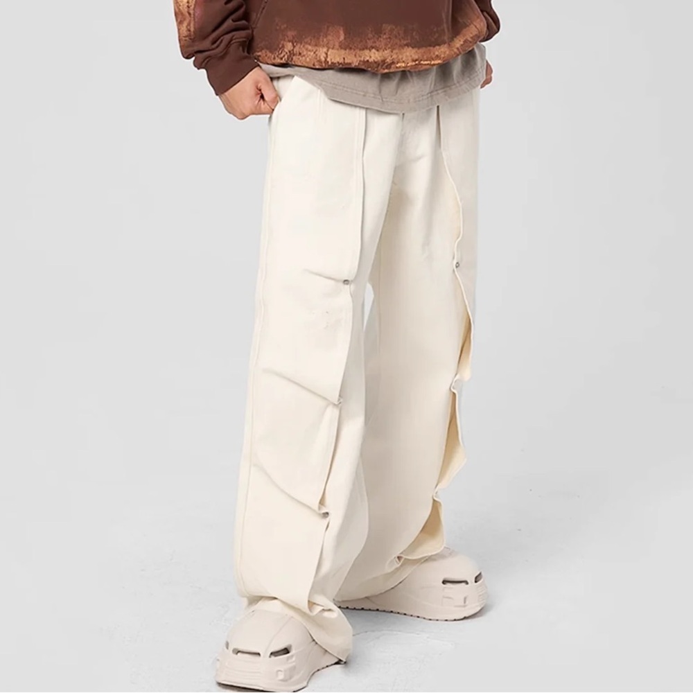 JHYQ Heavy Organic Cotton Deconstructed Studded Raw Hem Wide Leg Jeans Off White